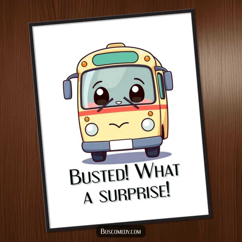 Funny Free Printable Wall Art featuring a giggling kawaii bus character with a totally surprised expression looking up.