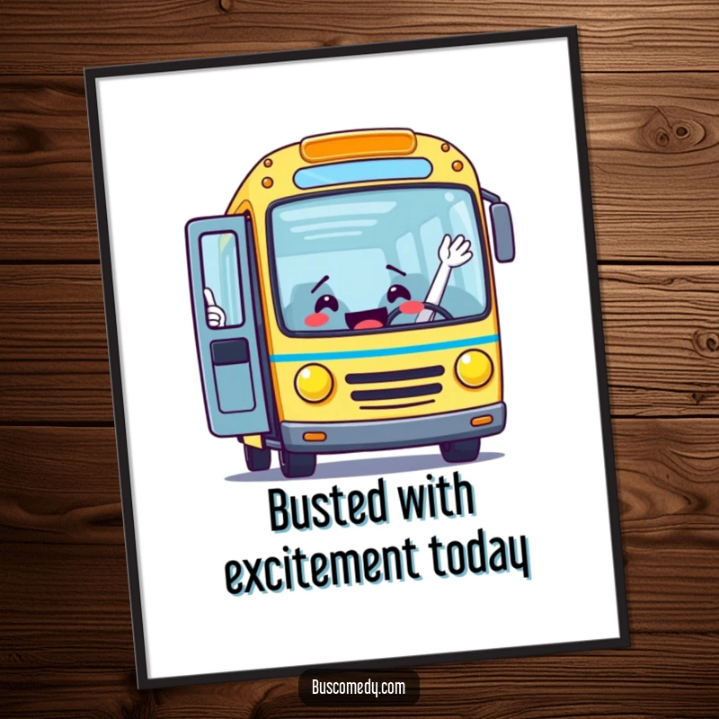 Funny Free Printable wall art of an excited bus character with its door wide open, waving everyone aboard warmly.