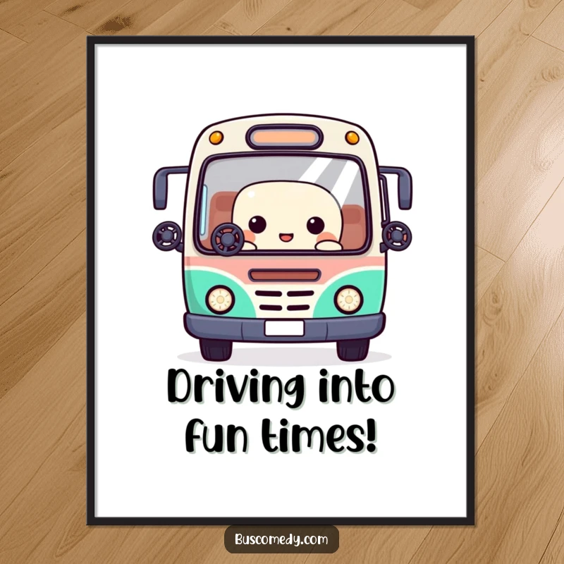Funny Free Printable Kawaii bus wall art juggling tiny steering wheels with its windows, depicting playful chaos and skill.
