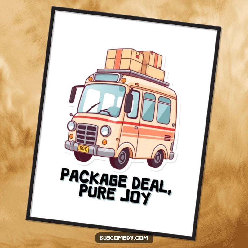 Funny Free Printable Wall Art of a small bus character carefully balancing a large stack of packages on its roof.