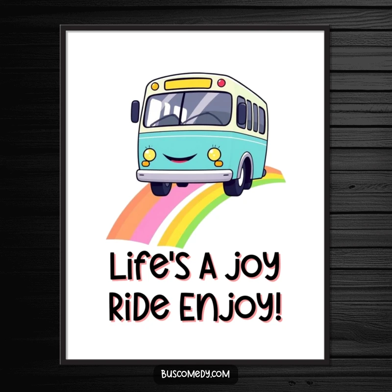 Funny Free Printable Wall Art: A happy, smiling bus confidently driving across a bright rainbow, bringing cheer.