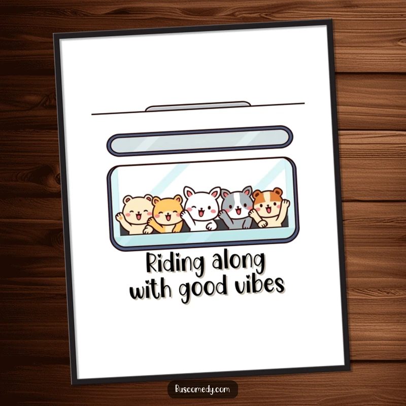Funny Free Printable Wall Art: A bus window brimming with small, smiling animal passengers waving cheerfully. Perfect for a playful, happy atmosphere.