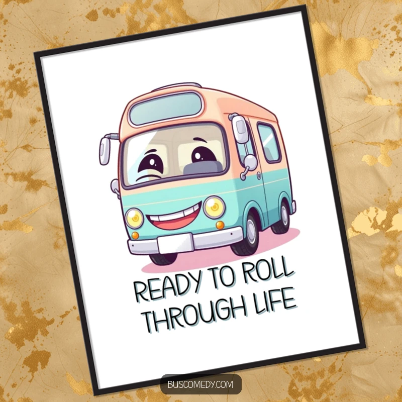 Funny Free Printable Wall Art of a round, jovial bus character with a massive grin and one playfully winking headlight.
