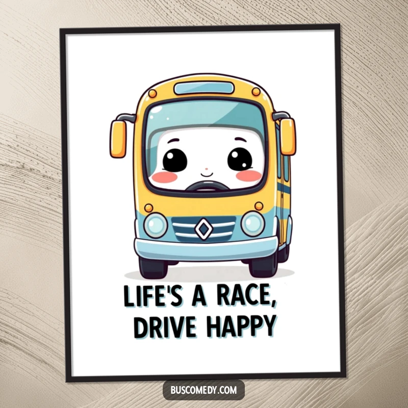 Funny Free Printable Wall Art: Cute kawaii bus smiles, racing a tiny car, fun downloadable decor.