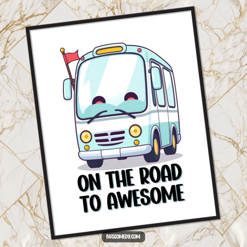 Funny Free Printable Wall Art: A Kawaii bus with a cheerful grin waves a tiny flag, spreading joy on walls.