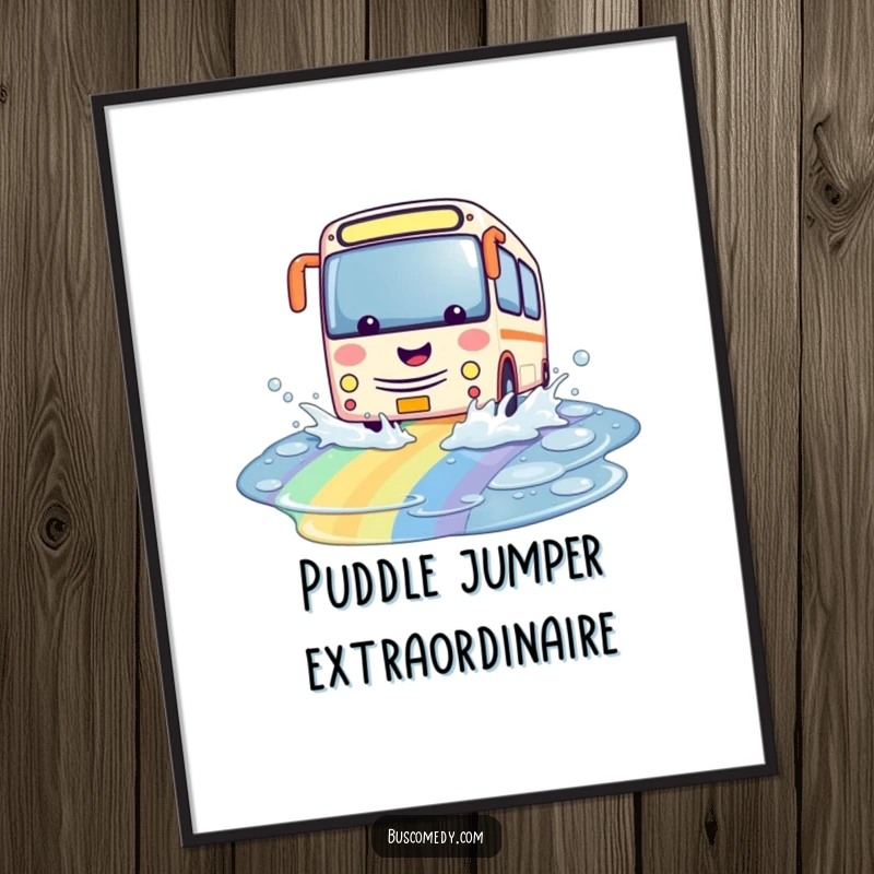 Funny Free Printable Wall Art of a kawaii bus joyfully splashing through a bright and colorful rainbow puddle, vibrant and fun.