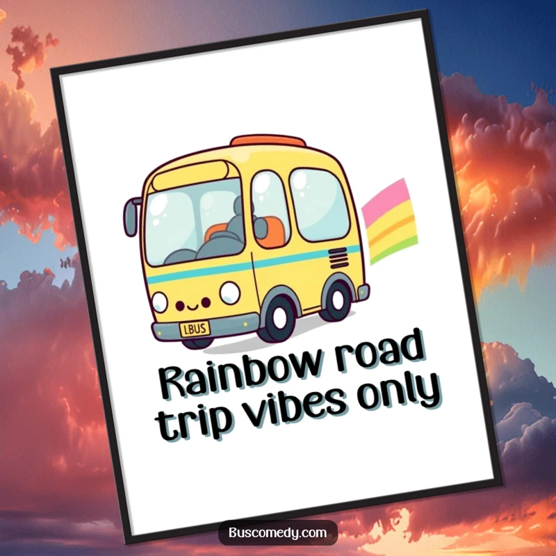 Funny Free Printable Wall Art of a happy Kawaii bus character driving cheerfully through a vibrant, colorful rainbow.