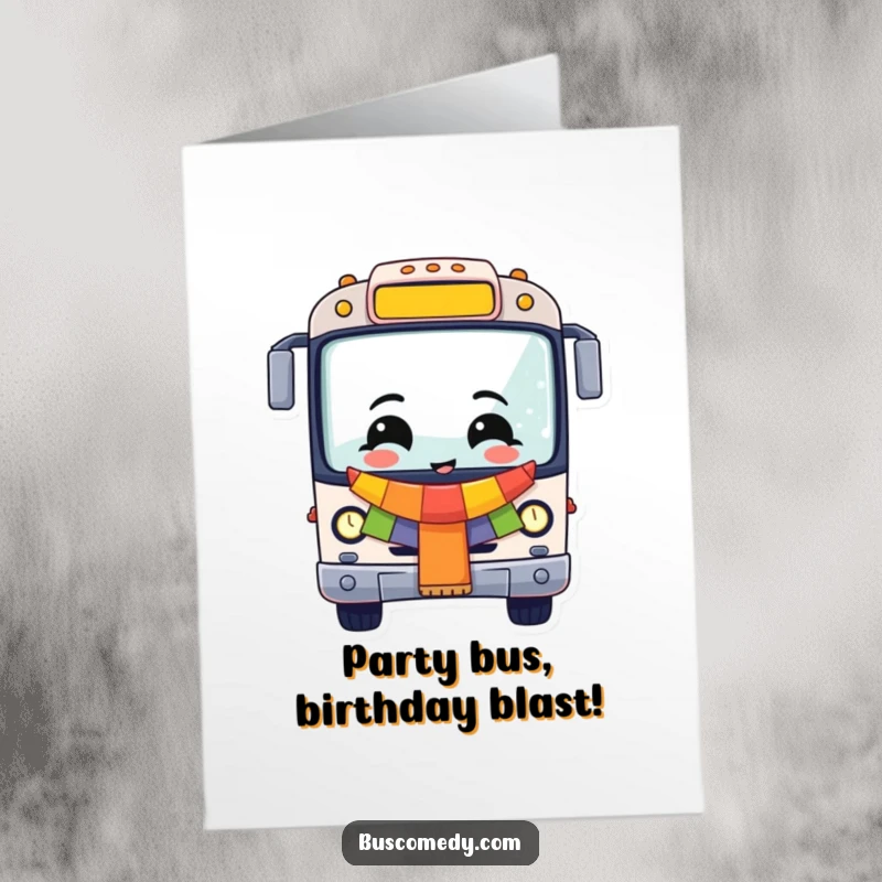 Free Printable Birthday Card: A cheerful bus character sports a colorful banner, ready to celebrate a birthday in style.