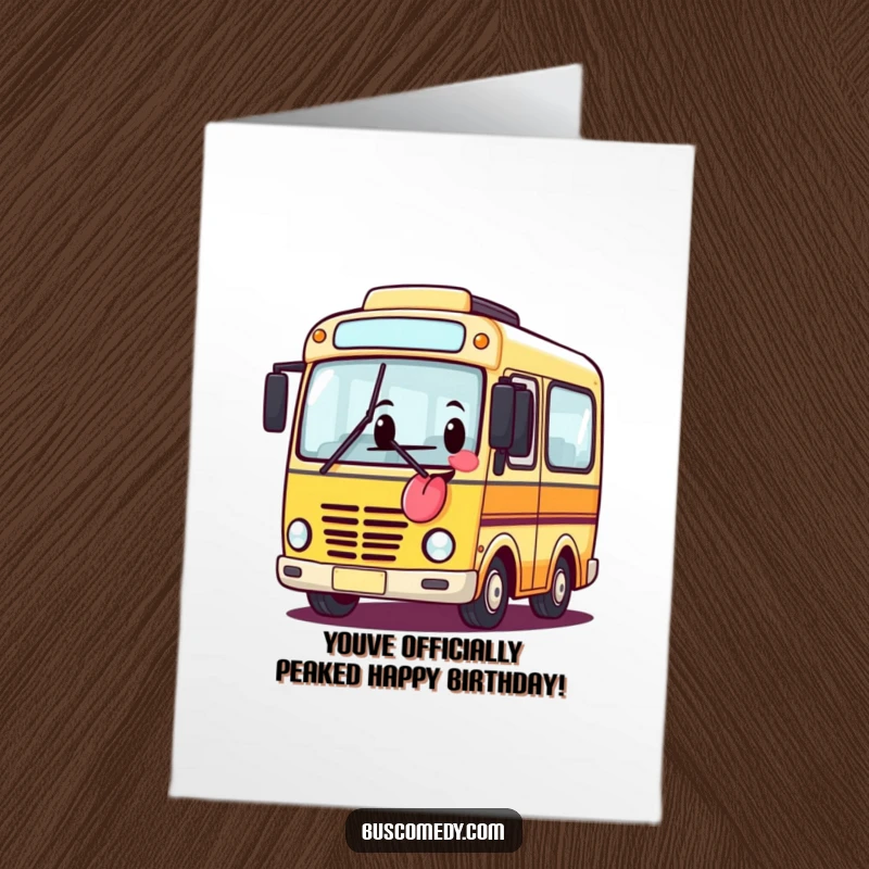 Funny Free Printable Birthday Card featuring a cheerful bus character sticking its tongue out like a cheeky banner.