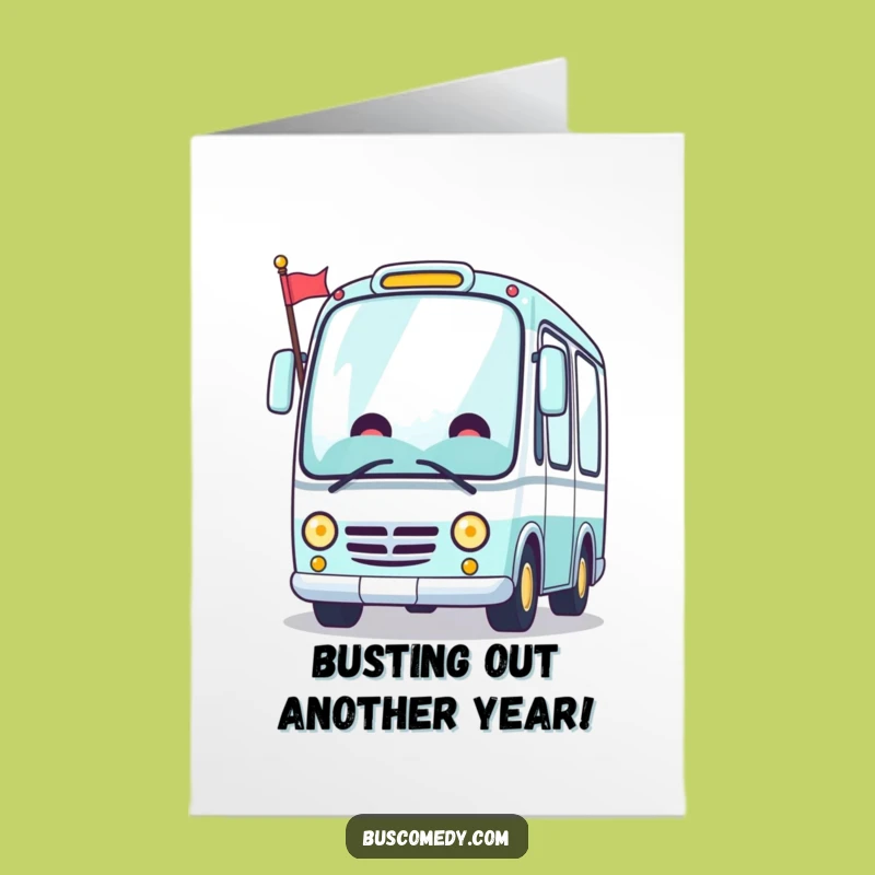 Free Printable Kawaii Bus Birthday Card: Cheerful Flag Bus Downloadable Fun Gift