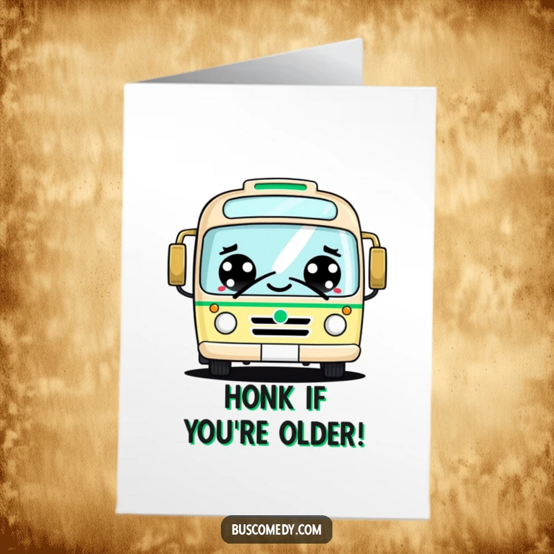 Funny Free Printable Birthday Card featuring a kawaii bus with big eyes honking a friendly hello, perfect for a cheerful greeting.
