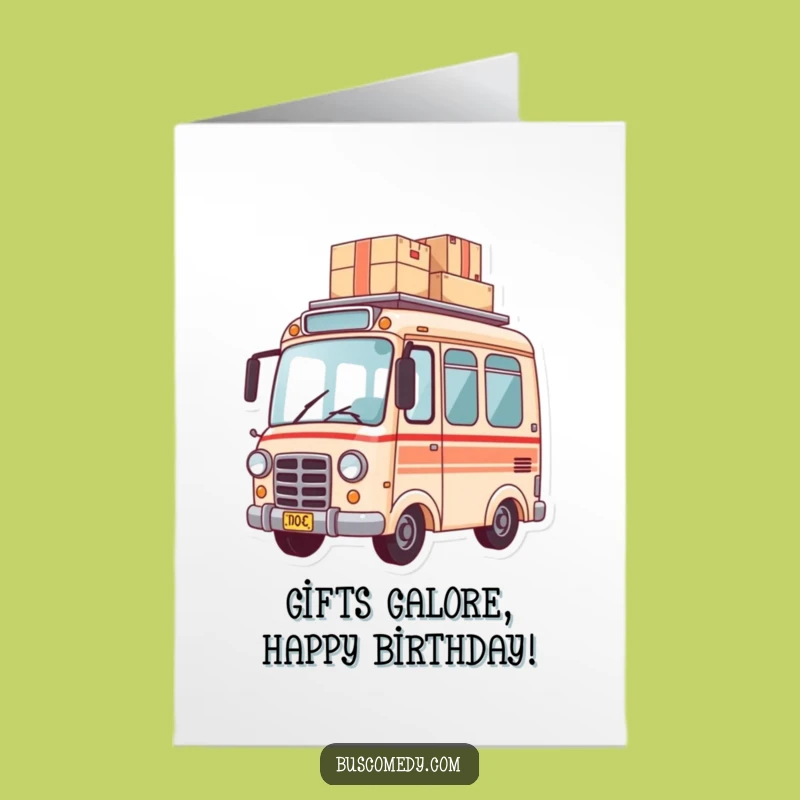 Free Printable Birthday Card: Bus with Packages, Funny Downloadable Gift Delivery
