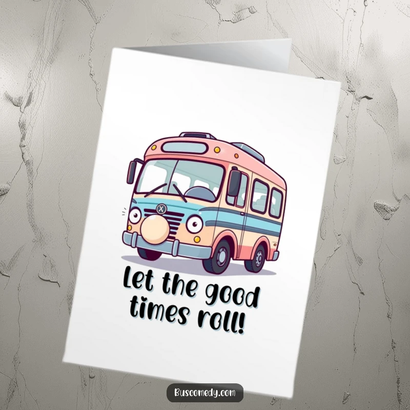 Free Printable Birthday Card: A playful bus character has its bumper nudged by a bouncing ball, creating a fun scene.