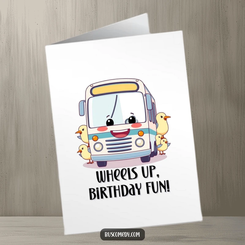 Funny Free Printable Birthday Card: A smiling bus being towed by a flock of cheerful birds, ready for a laugh.