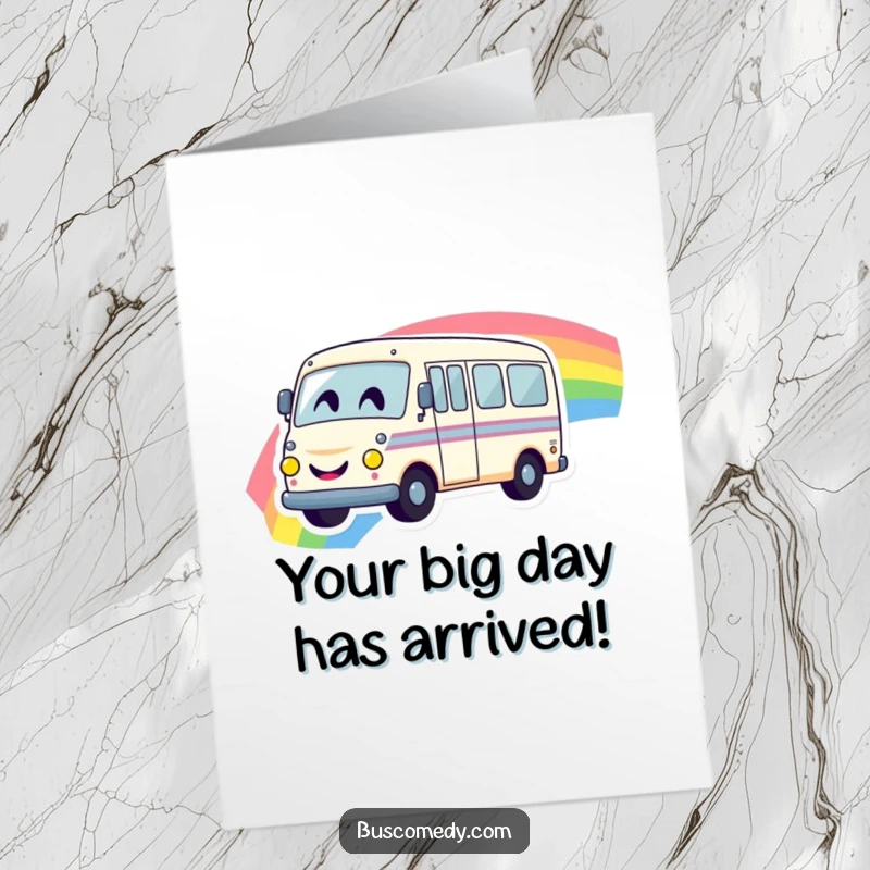 Funny Free Printable Birthday Card featuring a happy smiley bus driving on a vibrant rainbow, spreading joy.