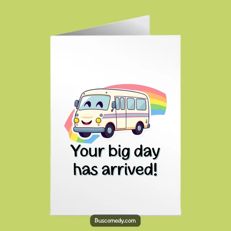 Free Printable Birthday Card: Cheerful Rainbow Bus, Funny Downloadable Gift for Kids