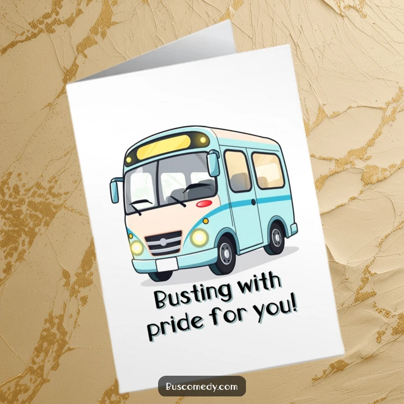 Funny Free Printable Congratulations Card: Adorable bus character winking with bright headlights, sharing good news. A perfect downloadable greeting.