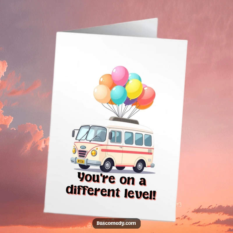 Funny Free Printable Congratulations Card: a cute kawaii bus character balancing a vibrant stack of balloons on its roof.