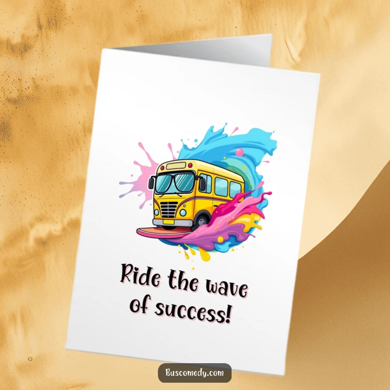 Funny Free Printable Congratulations Card: A bus wearing cool sunglasses surfs a colorful paint wave, celebrating a big win!