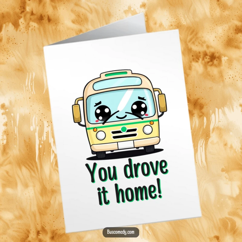 Funny Free Printable Congratulations Card showing a cute bus with cheerful eyes honking happily to celebrate an achievement.