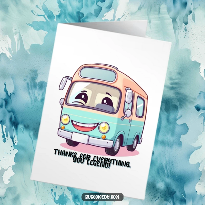 Funny Free Printable Thank You Card featuring a round, smiling bus character with a winking headlight, full of gratitude.