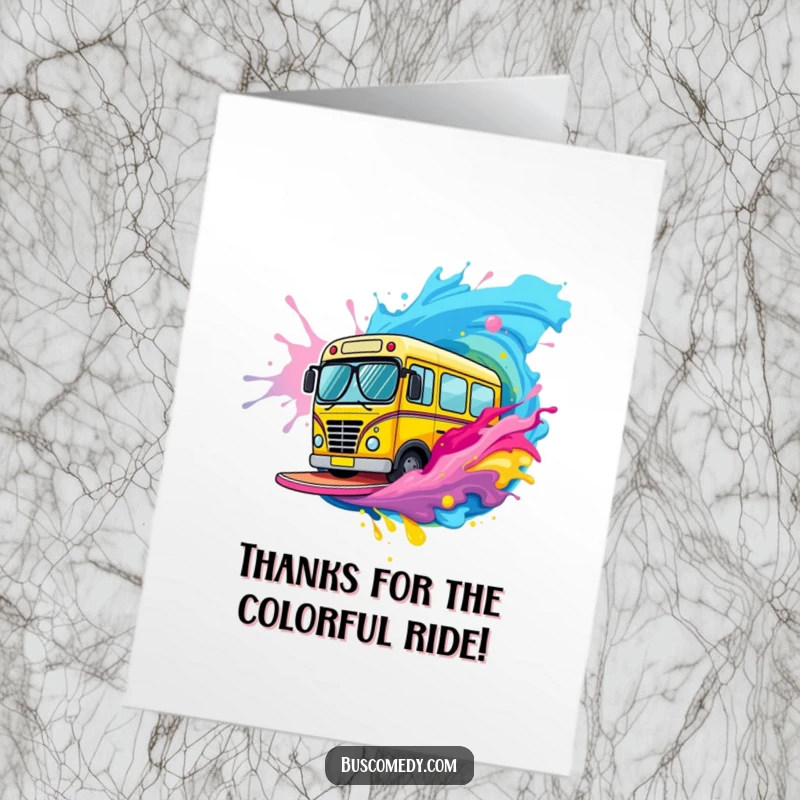 Funny Free Printable Thank You Card: A cool bus character surfs a paint wave, sending colorful thanks!