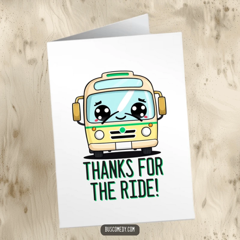 Funny Free Printable Thank You Card featuring a kawaii bus with big eyes giving a friendly honk to express gratitude.