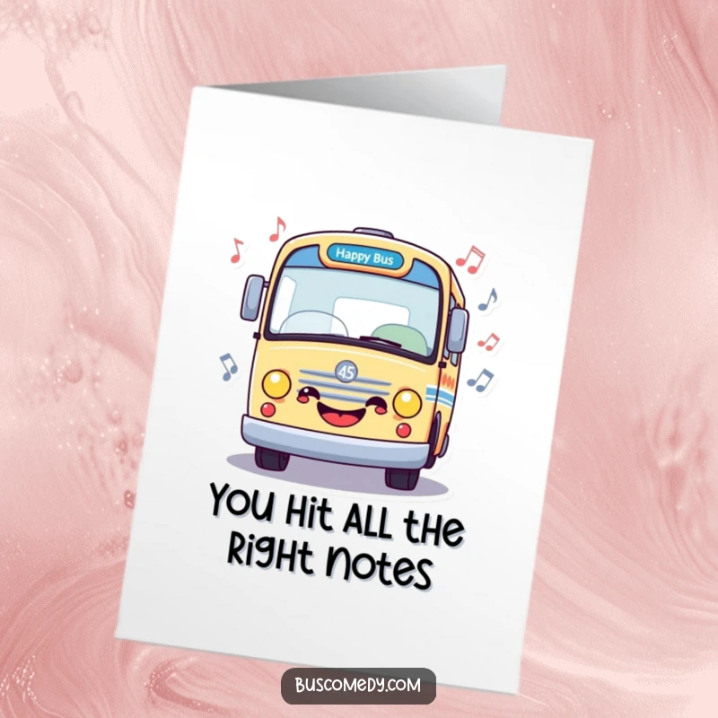 Funny Free Printable Thank You Card showcasing a happy bus character with cheerful musical notes.