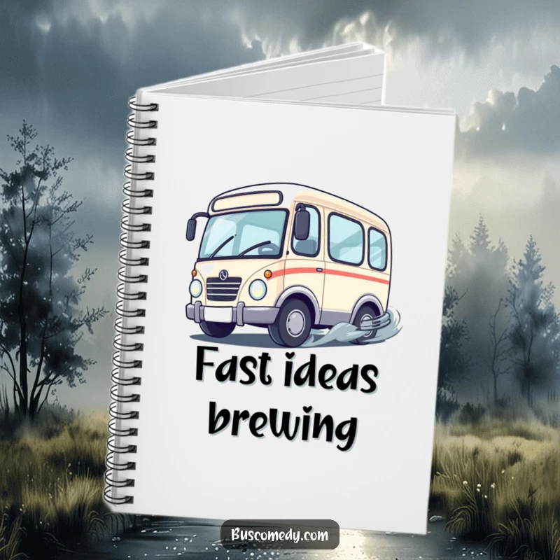 Funny cute bus character with wheels spinning rapidly as it performs a playful drift, on the cover of a handy notebook.
