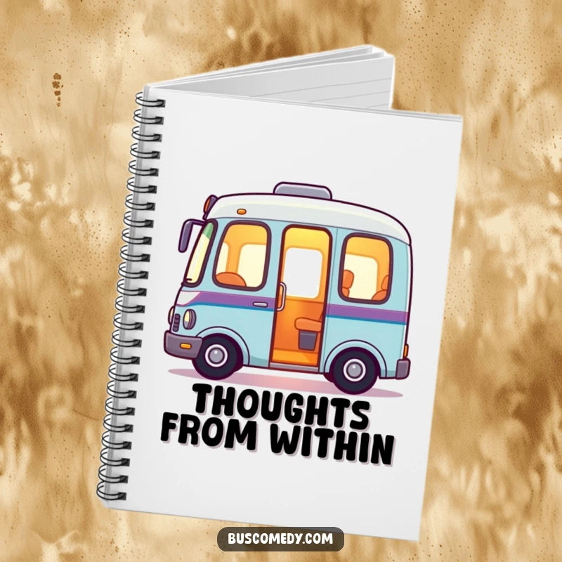 Friendly bus notebook featuring a welcoming glow emanating from its interior, inviting users to write warmly.