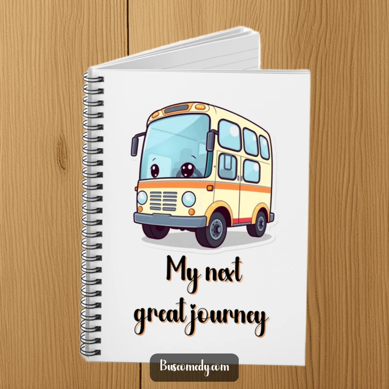 Funny notebook with a cute bus character with wheels spinning energetically, symbolizing adventure and planning. This stationery is perfect for note-takers.
