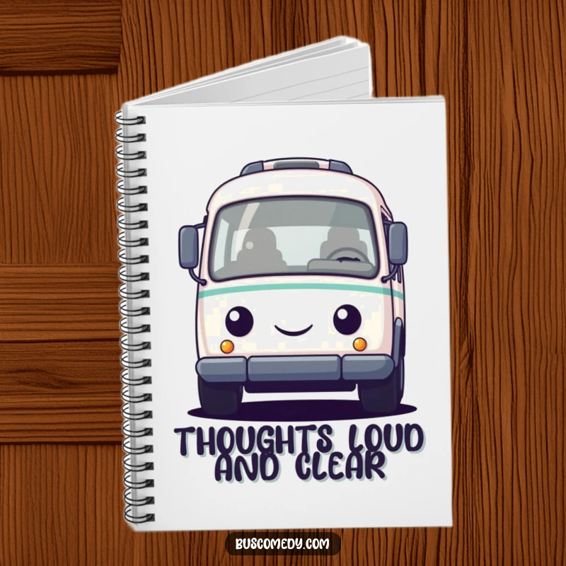 Funny notebook featuring a small, round bus character with a friendly face, honking its horn, ideal for jotting down cheerful ideas.