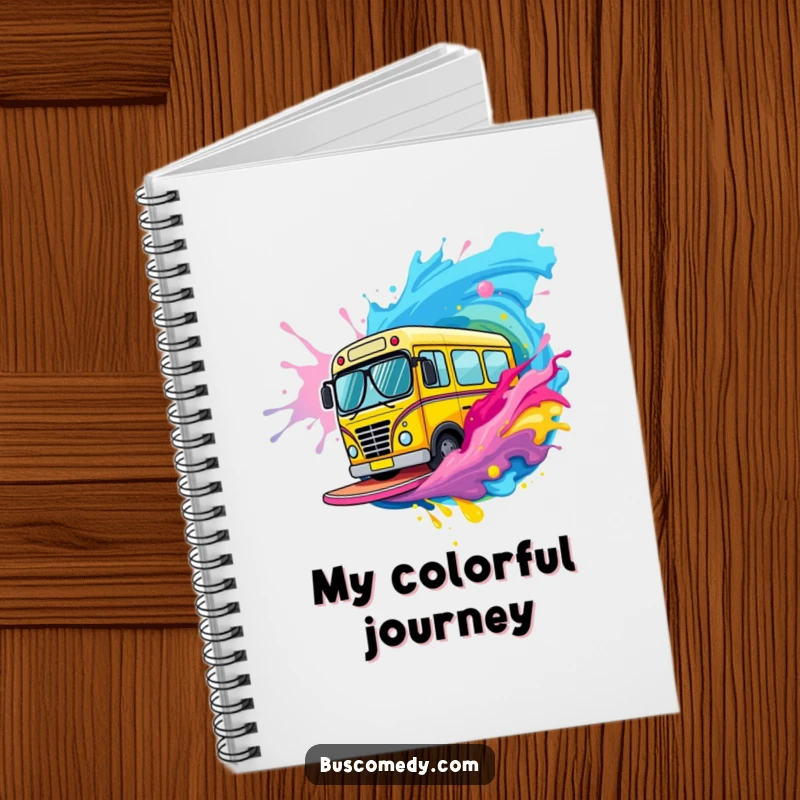 Funny bus character with tiny sunglasses surfs a wave of colorful paint on the cover of this notebook.