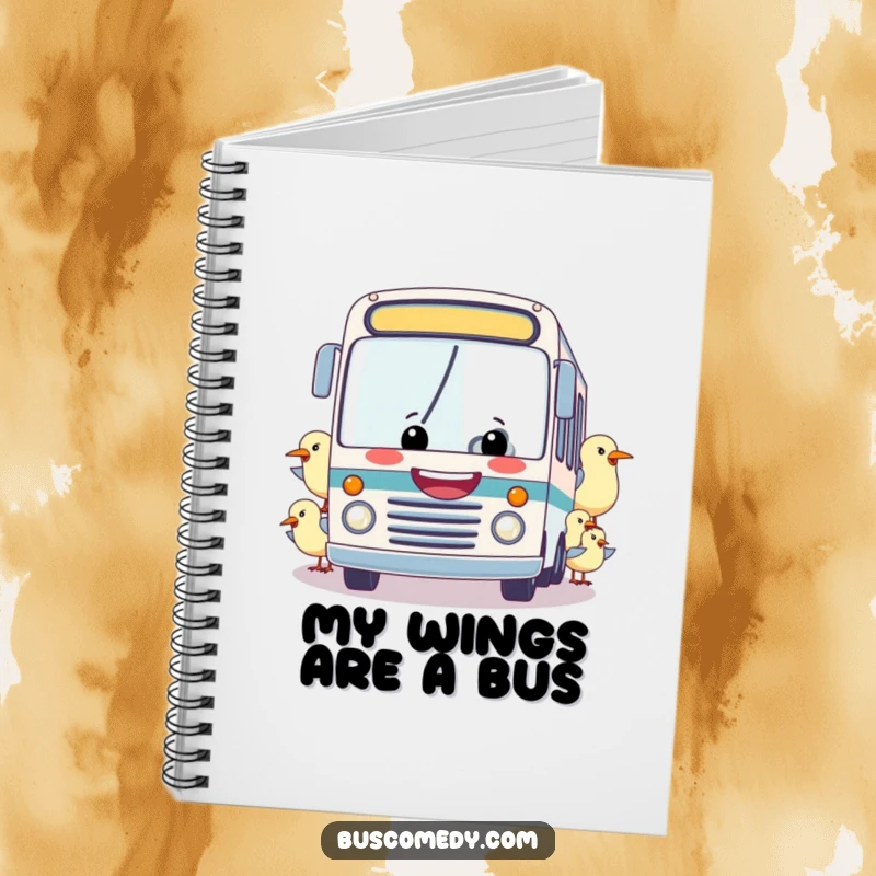 Funny notebook: A cheerful bus with a wide grin is towed by a flock of friendly birds, illustrating a humorous and inspiring writing companion.