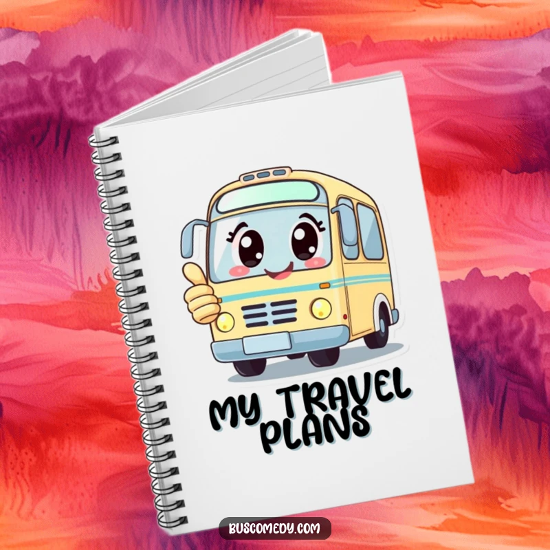 Funny notebook cover features a kawaii bus character with big happy eyes giving a thumbs up, ready for notes.