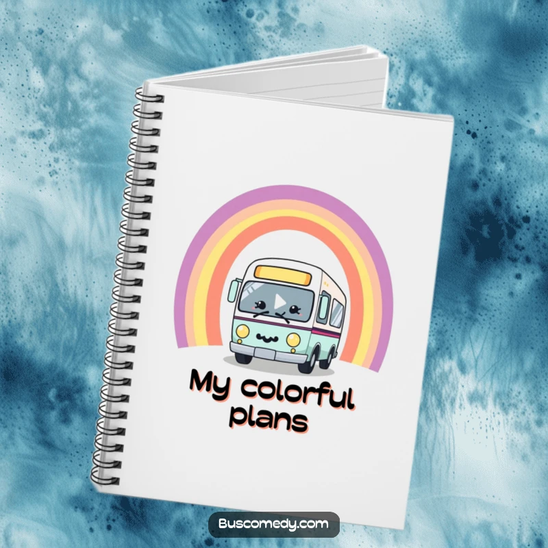 Funny kawaii bus character with a big smile, joyfully driving through a vibrant rainbow arch, on the cover of a handy notebook.