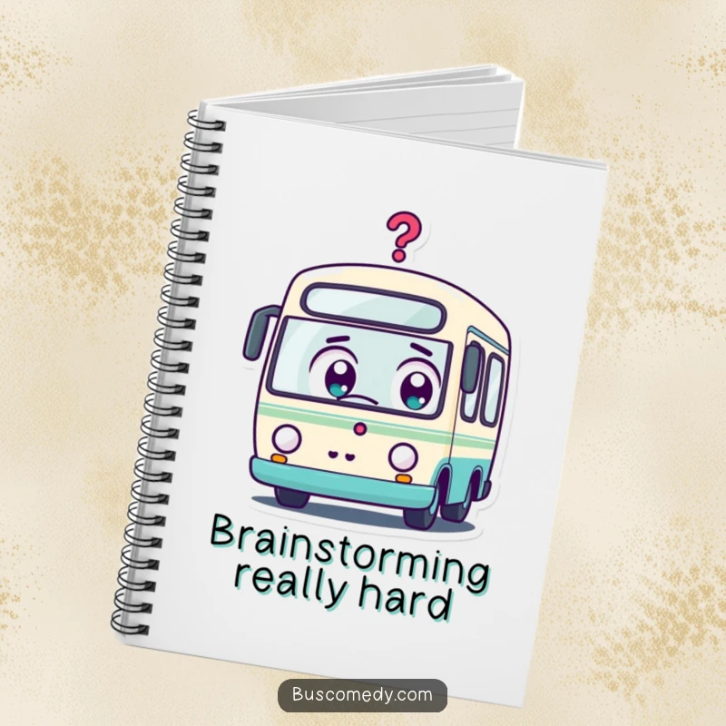 Funny Kawaii Bus Notebook: A notebook with a surprised kawaii bus character and a question mark, ideal for notes and ideas.