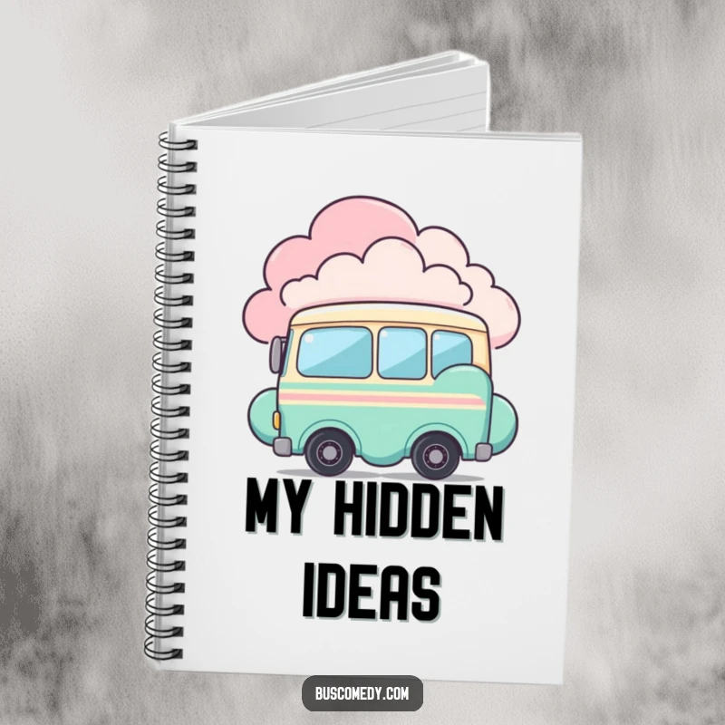 Funny notebook with a shy bus character peeking from behind a colorful cloud. This stationery encourages quiet reflection and ideas.