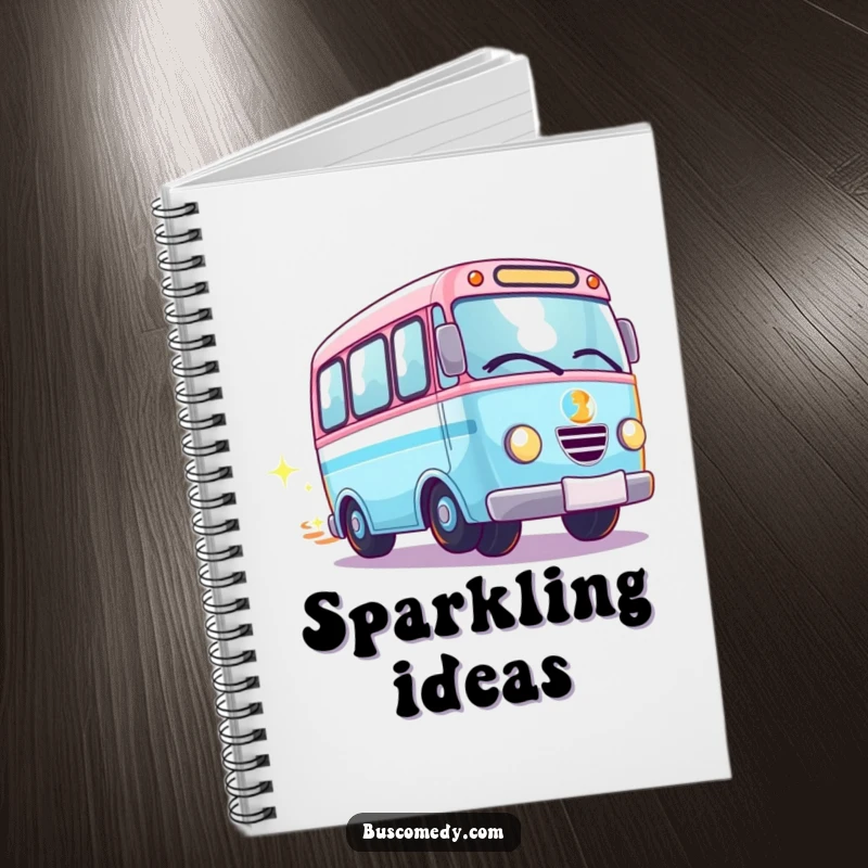 Funny Kawaii bus notebook, a bus with spinning wheels leaving a sparkle trail, great for notes.