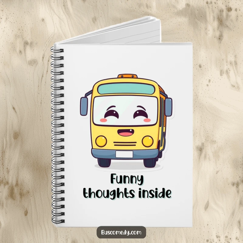 Funny notebook featuring a bus character with a fogged windshield from uncontrollable laughter. This stationery encourages funny thoughts.