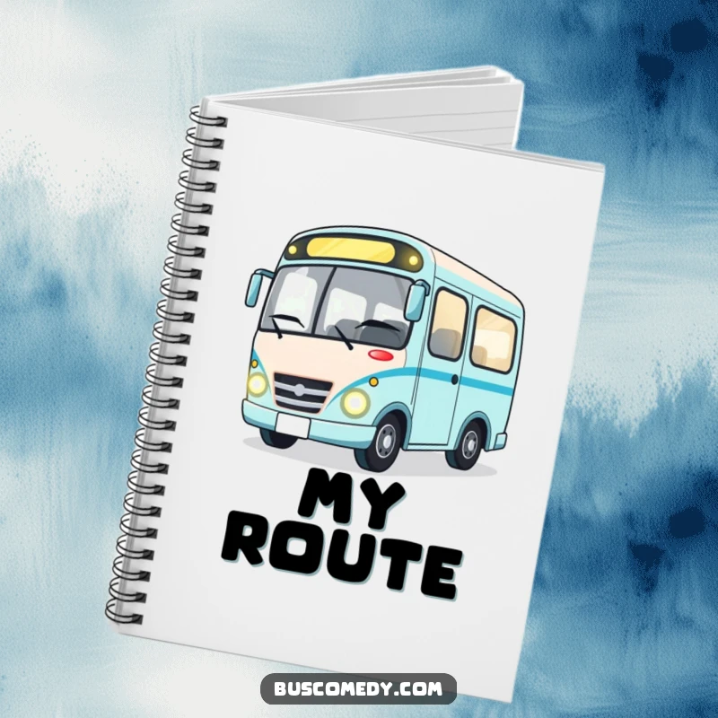 Funny lined notebook with a cute bus character winking with bright headlights, perfect for jotting down funny thoughts and ideas.