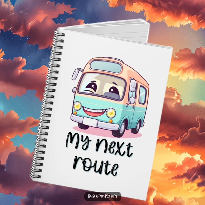 Funny notebook featuring a round bus with a huge grin and a winking headlight, perfect for jotting down humorous thoughts.