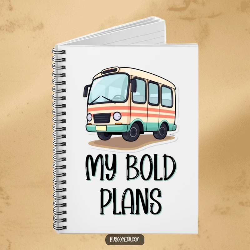Funny Notebook featuring a little bus character driving with one tire slightly off the ground, for jotting down notes.