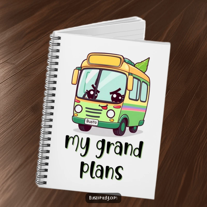 Funny notebook featuring a determined bus character racing a leaf, ideal for jotting down ambitious plans, a practical and funny gift.