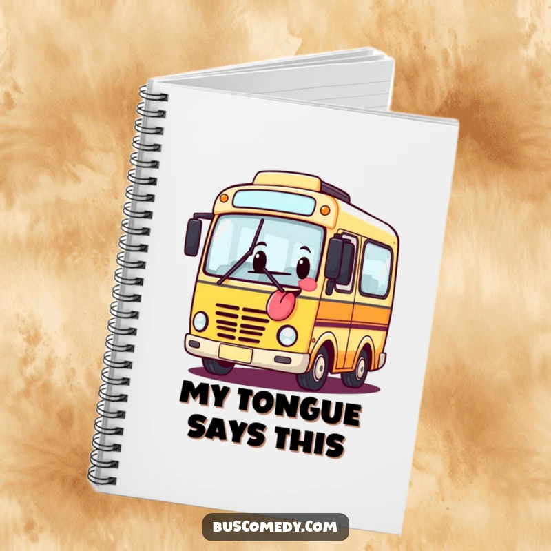 Funny notebook with a playful bus character sticking its tongue out, ideal for jotting down funny ideas.