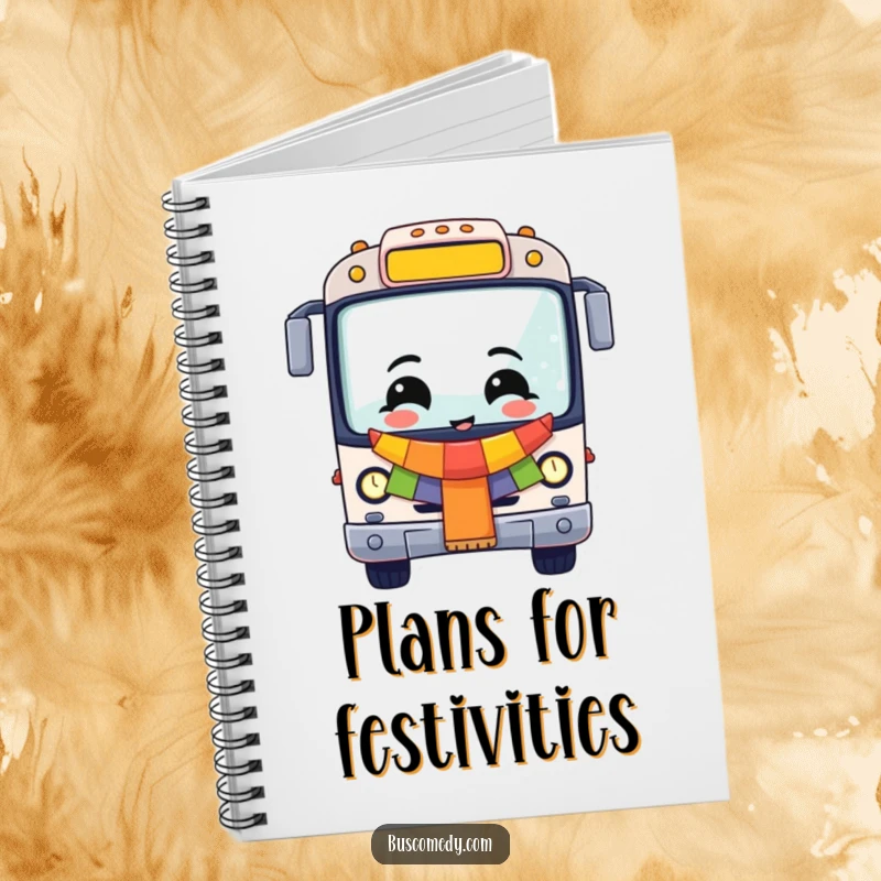 Funny Cheerful Bus Notebook, a festive vehicle perfect for brainstorming party ideas. An organized funny gift.