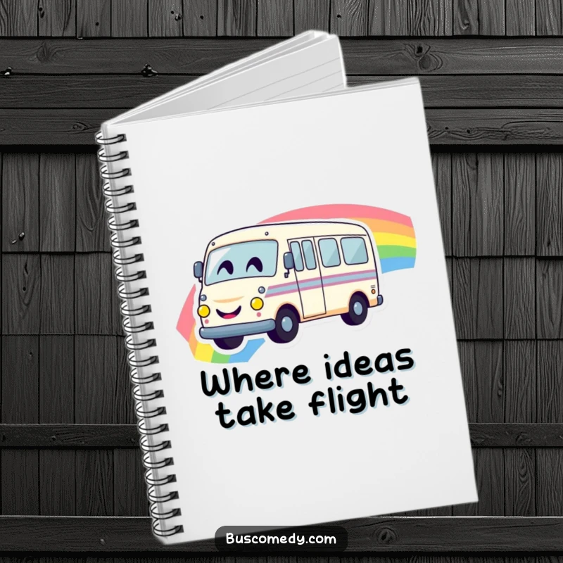 Funny notebook cover illustration of a happy bus with a smiley face driving on a vibrant rainbow, ready for notes.