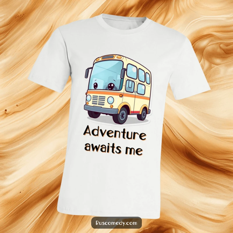 Funny t-shirt depicting a cute bus character with wheels spinning excitedly, ready for an expedition. This happy vehicle expresses a love for journeys.