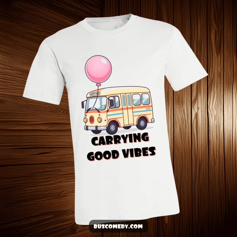 Funny Bus T-Shirt depicting a happy character with a large, colorful balloon bouncing merrily on its roof.