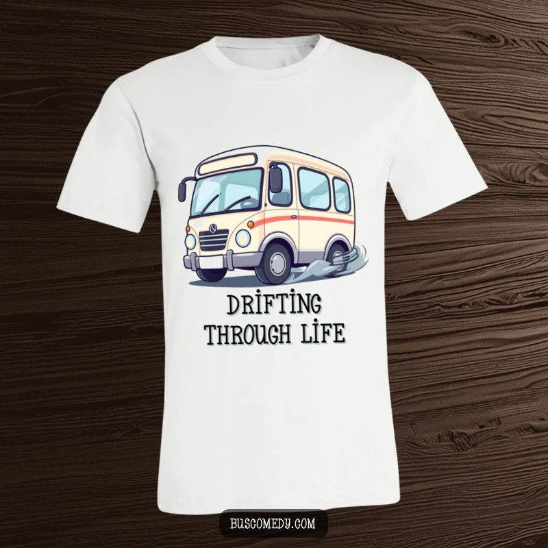 Funny cute bus character with wheels spinning rapidly as it performs a playful drift, featured on a comfortable graphic t-shirt.
